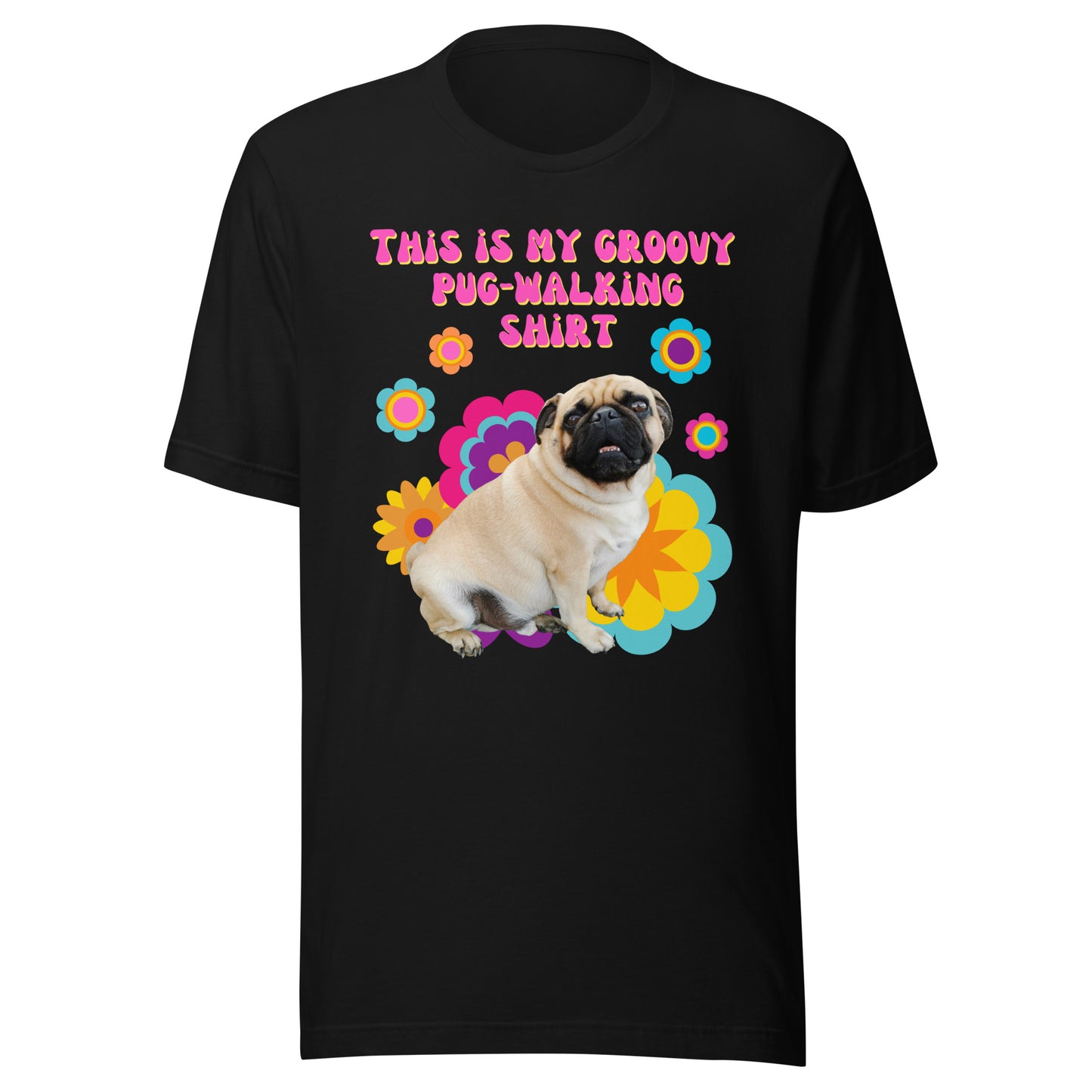 Groovy pug-walking T-shirt with cheerful pug and retro floral design on black