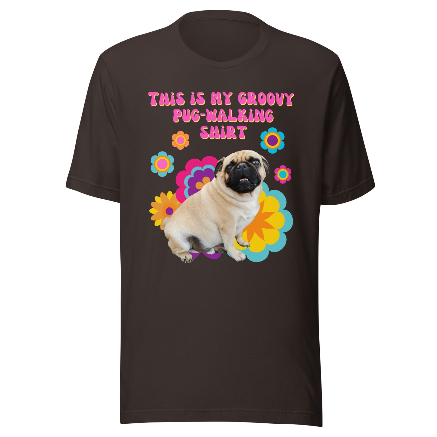 Groovy pug-walking T-shirt with retro floral design in brown