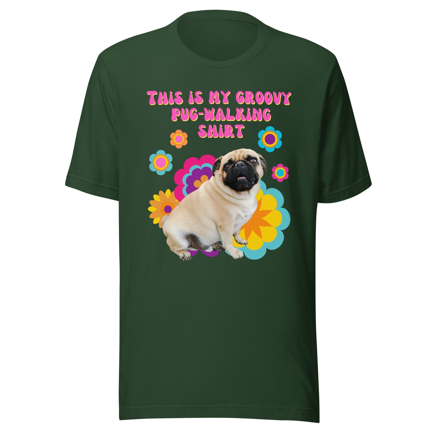 Groovy pug-walking T-shirt with retro floral pug illustration in green
