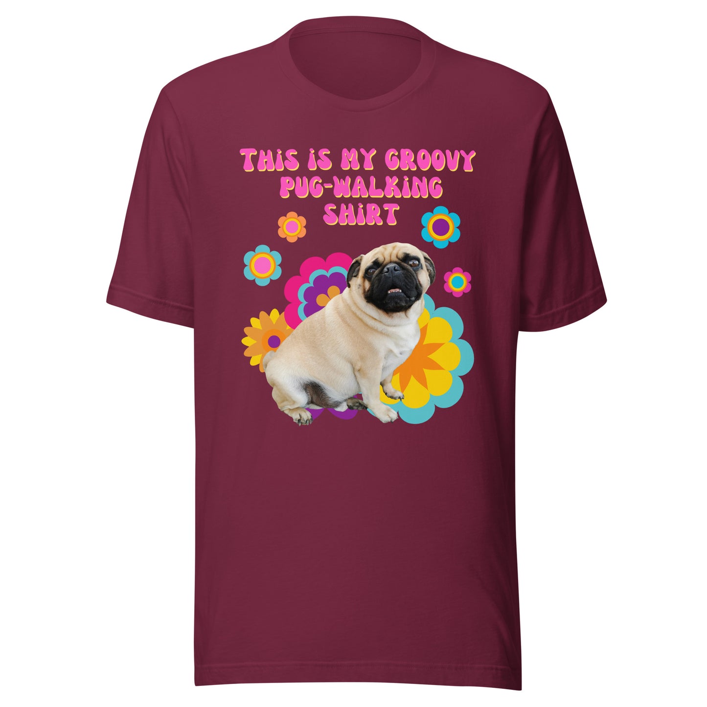 Groovy pug-walking T-shirt with retro floral design in maroon