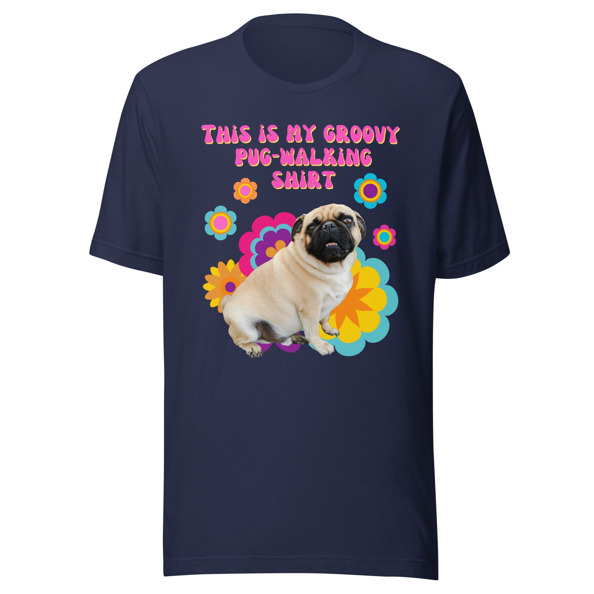 Groovy pug-walking T-shirt with retro floral design in navy blue