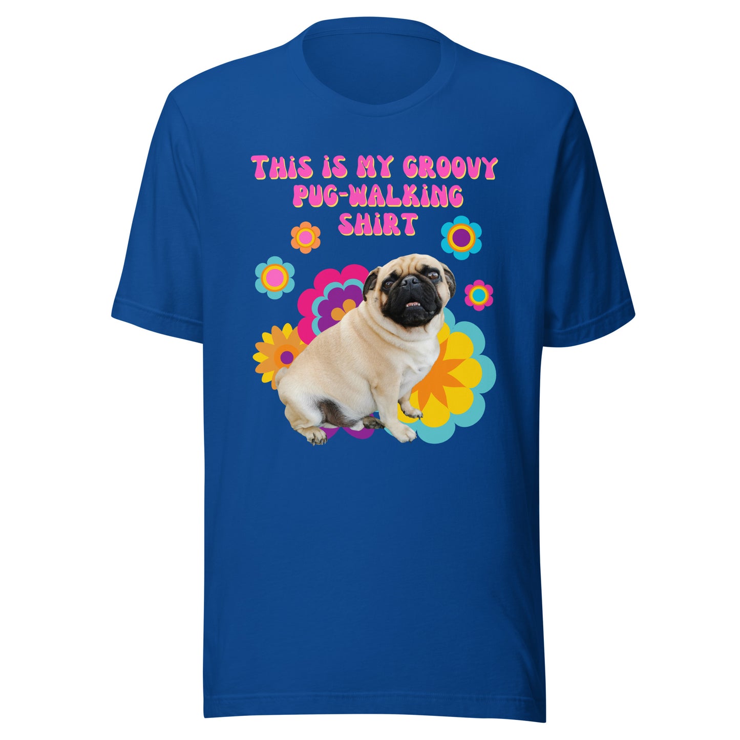 Groovy pug-walking T-shirt with retro floral pug illustration in royal blue