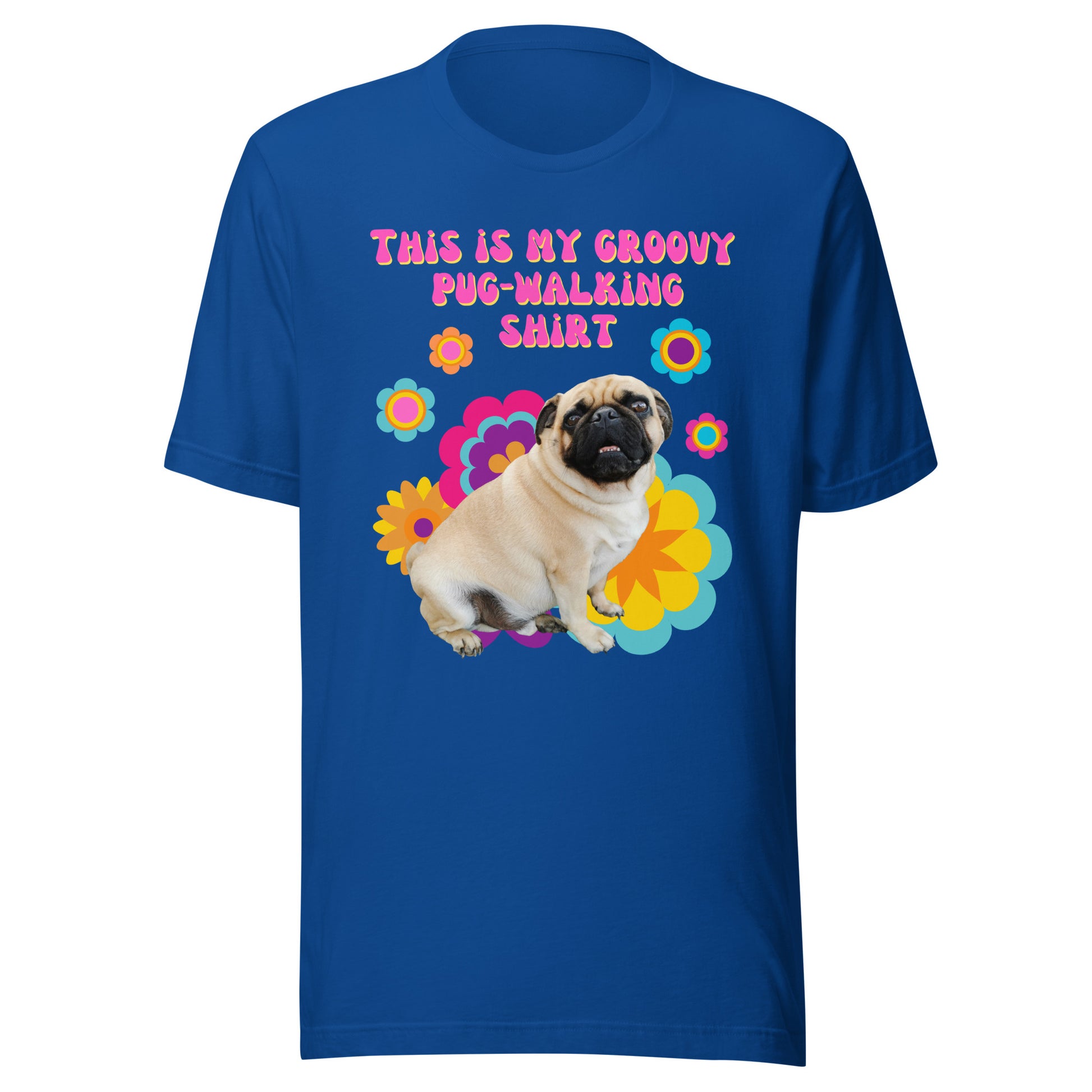 Groovy pug-walking T-shirt with retro floral pug illustration in royal blue