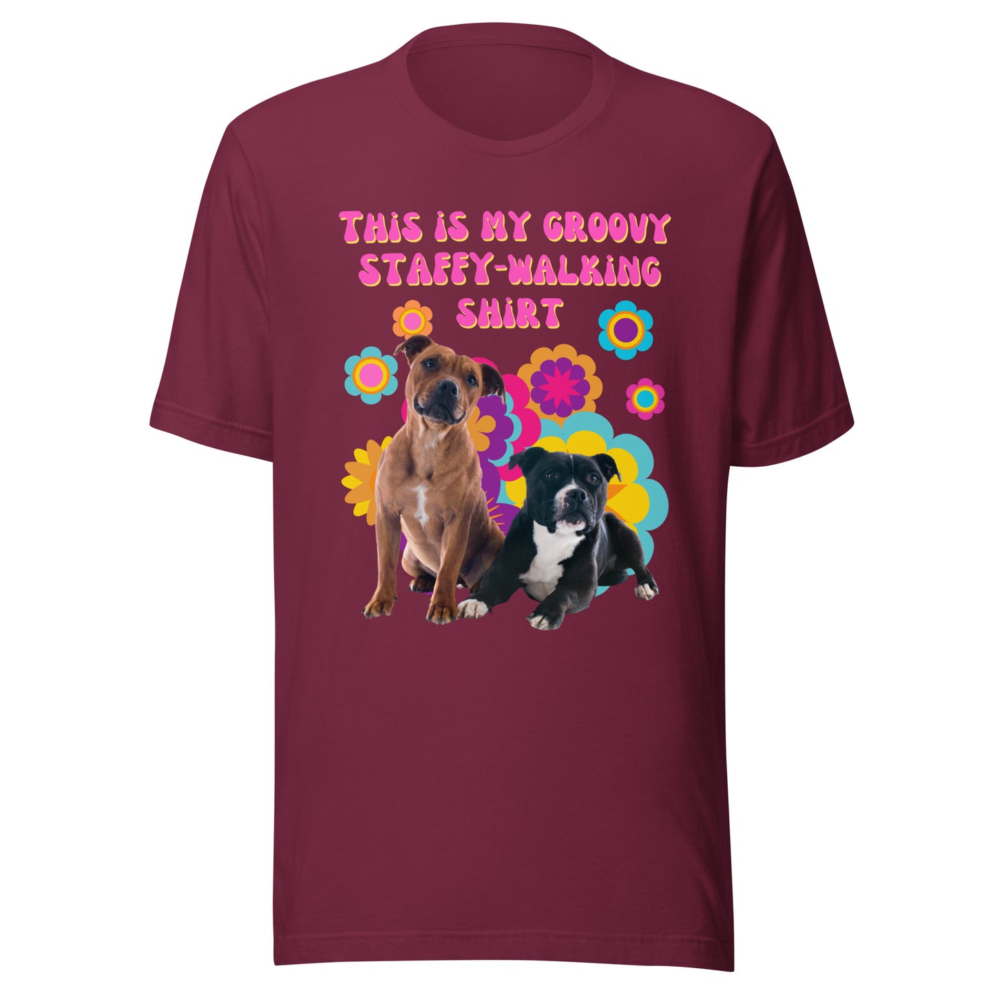 Groovy Staffy-walking T-shirt in burgundy maroon featuring two Staffy dogs
