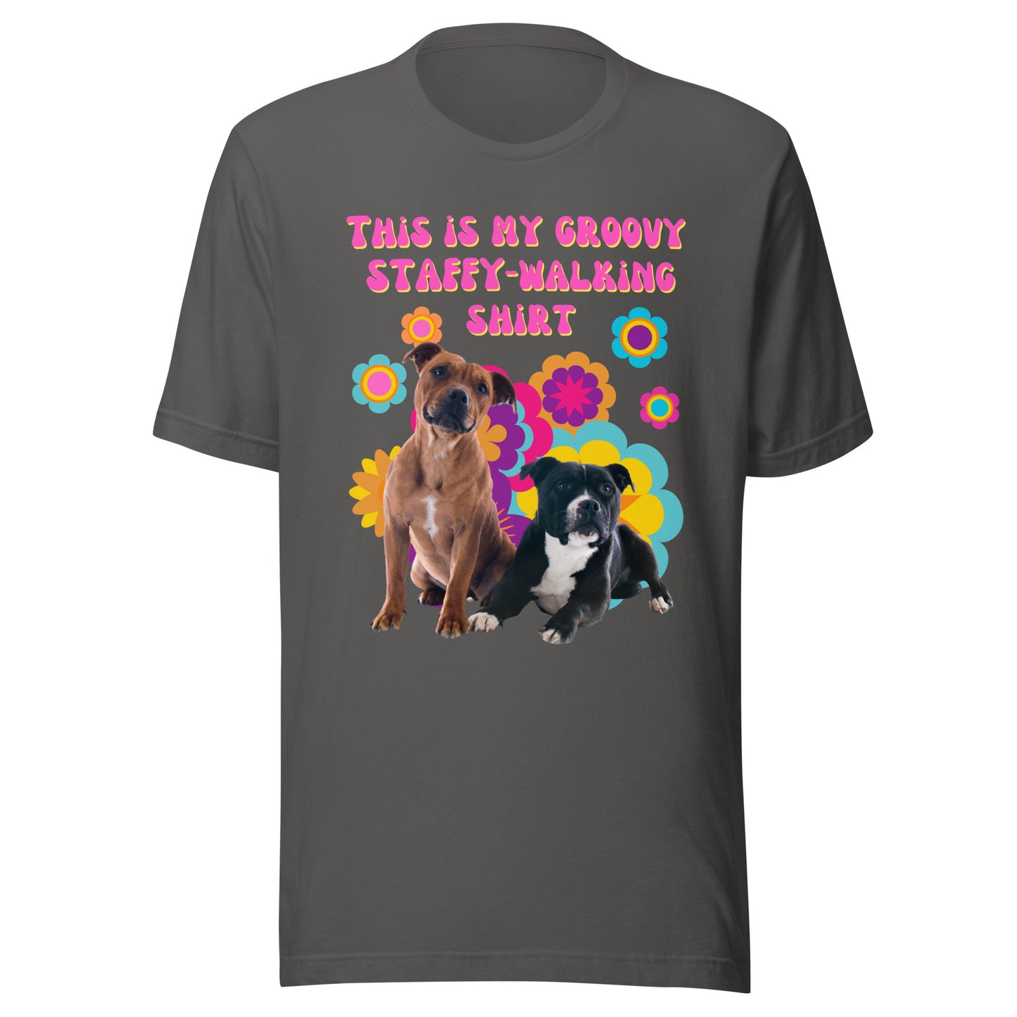 Groovy Staffy-walking T-shirt with two Staffordshire Bull Terriers and retro floral design asphalt front