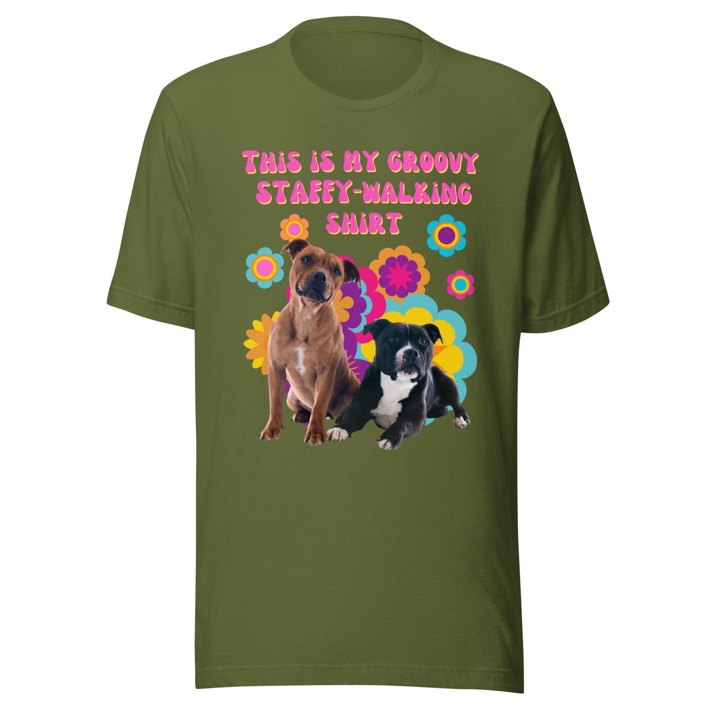 Groovy Staffy-walking T-shirt in olive green with retro floral dog design