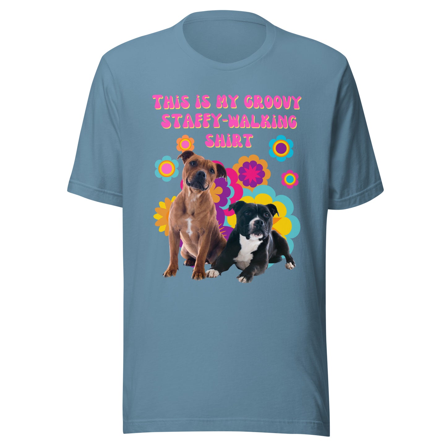 Groovy Staffy-walking T-shirt in steel blue with retro Staffy artwork