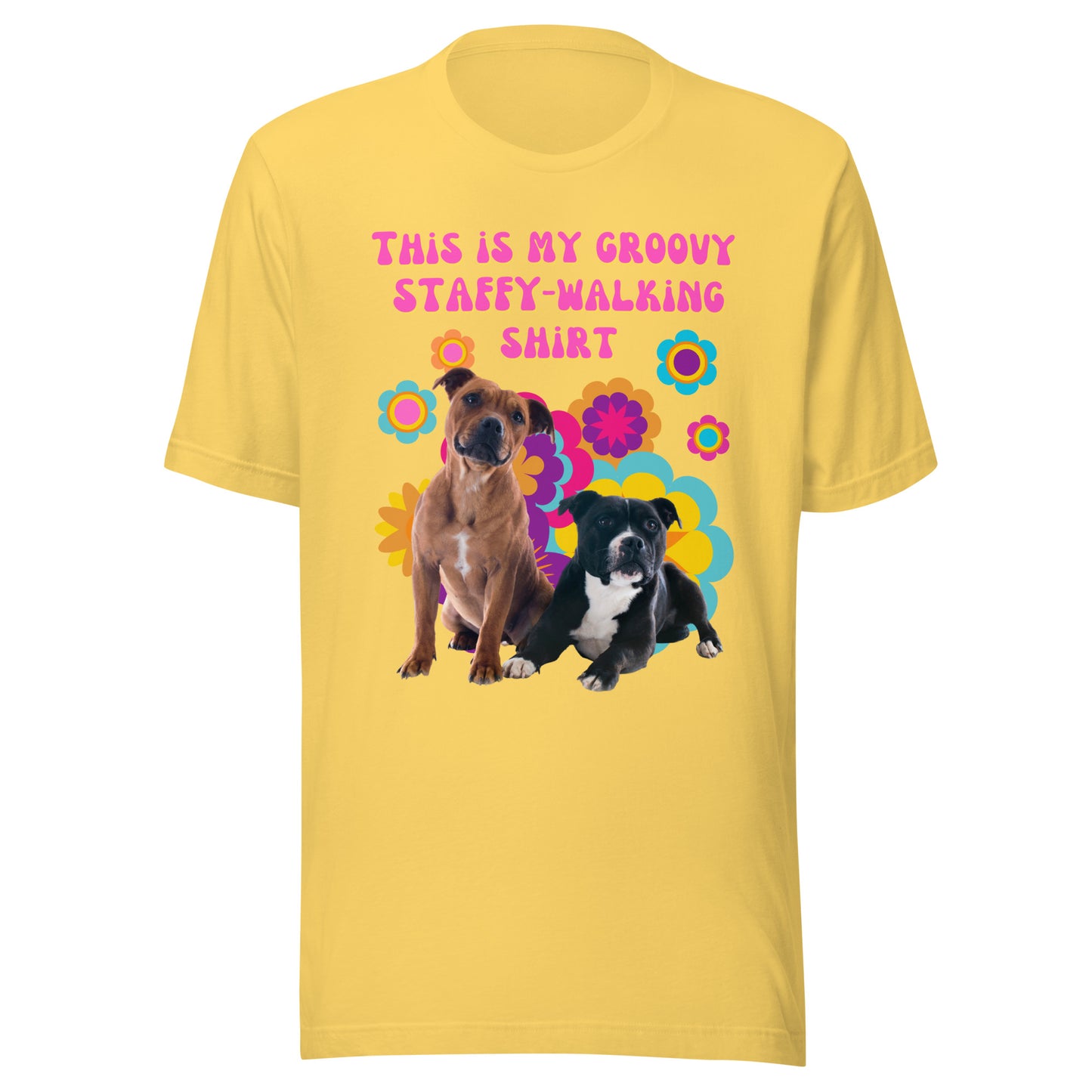Groovy Staffy-walking T-shirt in yellow with playful Staffy illustration