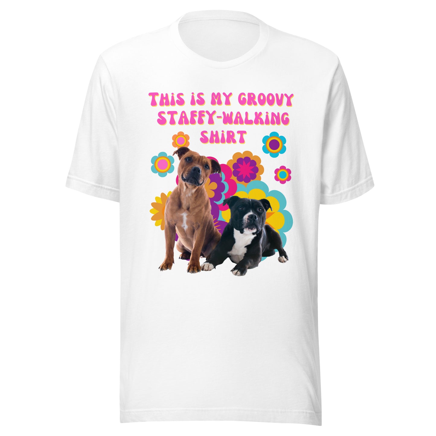 Groovy Staffy-walking T-shirt in white with retro dog design