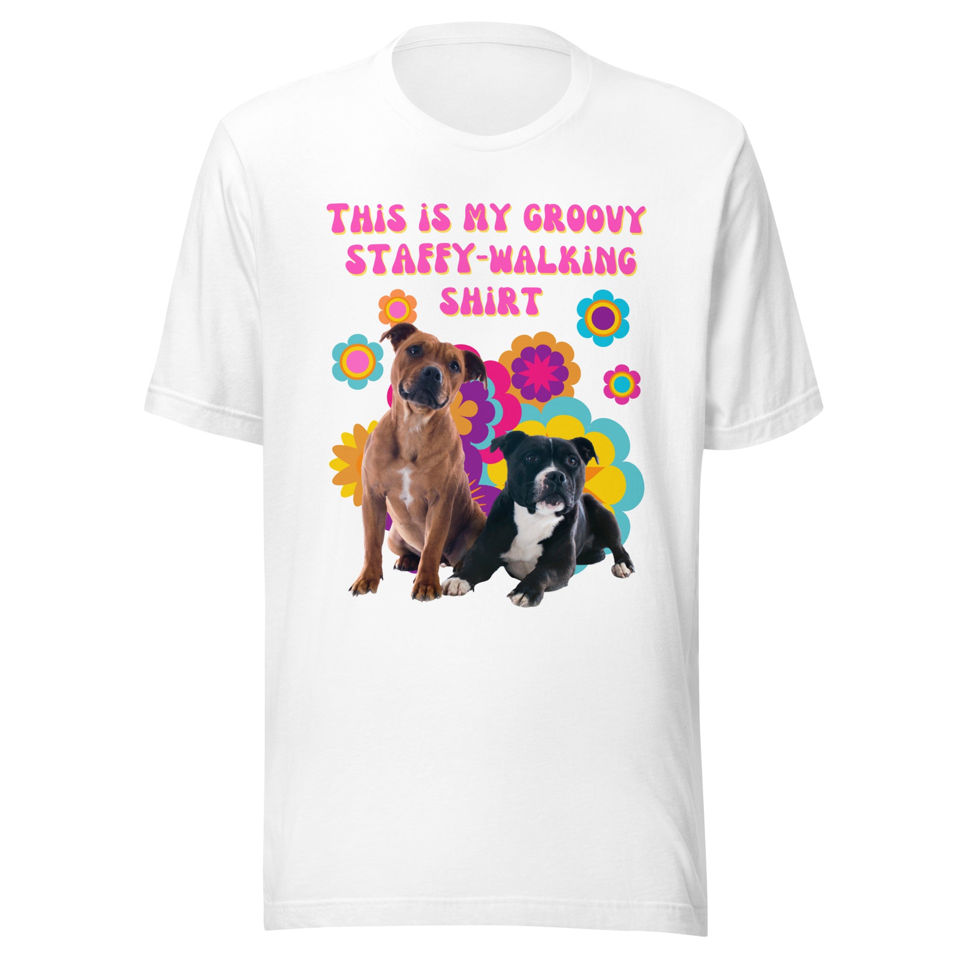 Groovy Staffy-walking T-shirt in white with retro dog design
