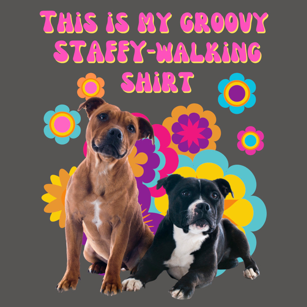 Retro Staffy dog illustration with colourful flowers and playful text