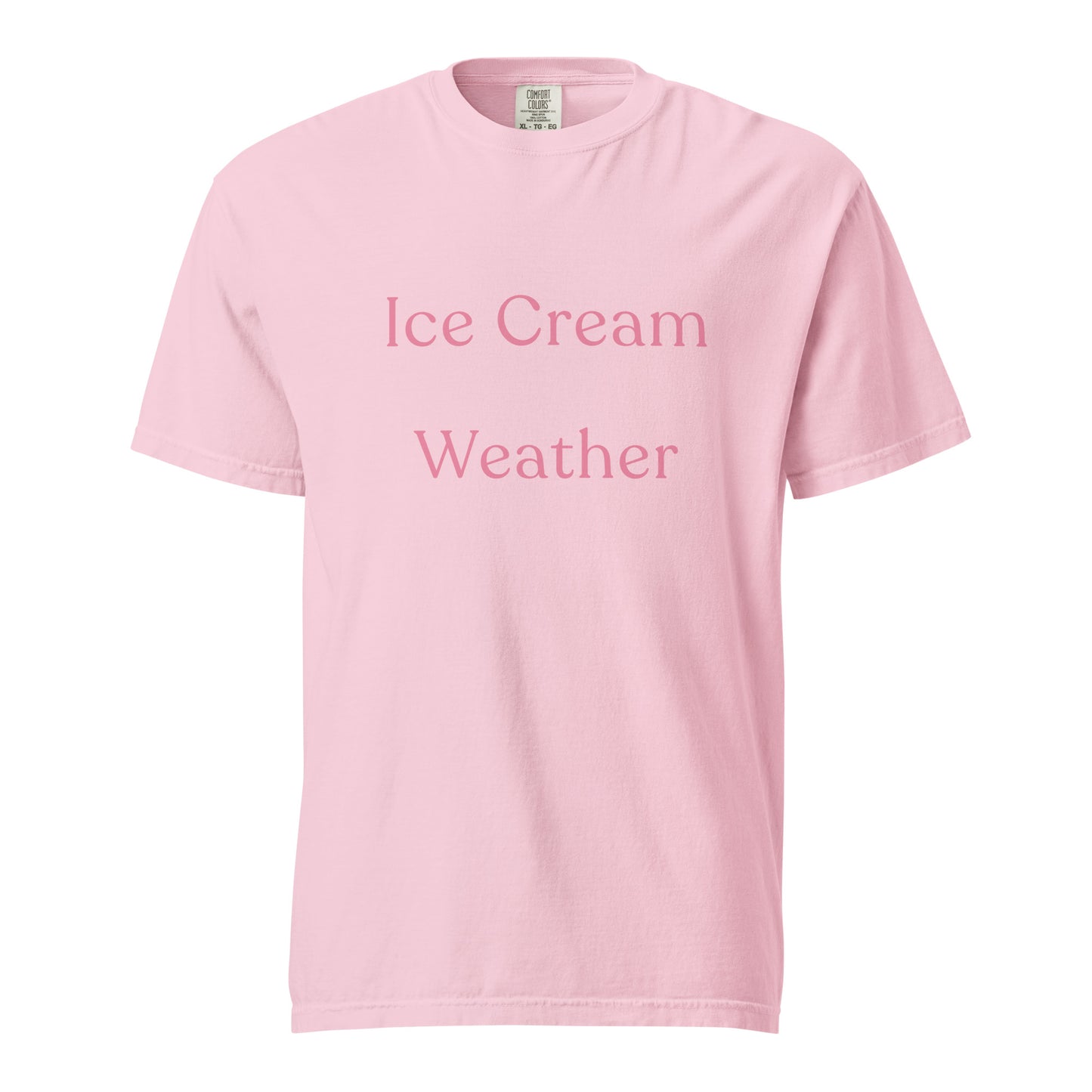Ice Cream Weather Comfort Colors T-shirt in blossom pink with soft pink text, nostalgic summer graphic tee