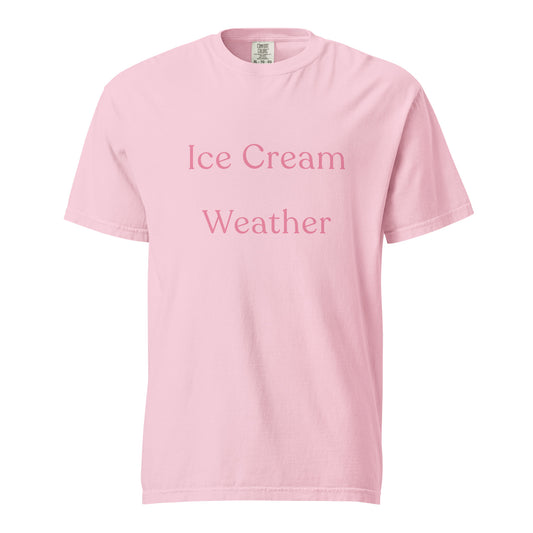 Ice Cream Weather Comfort Colors T-shirt in blossom pink with soft pink text, nostalgic summer graphic tee