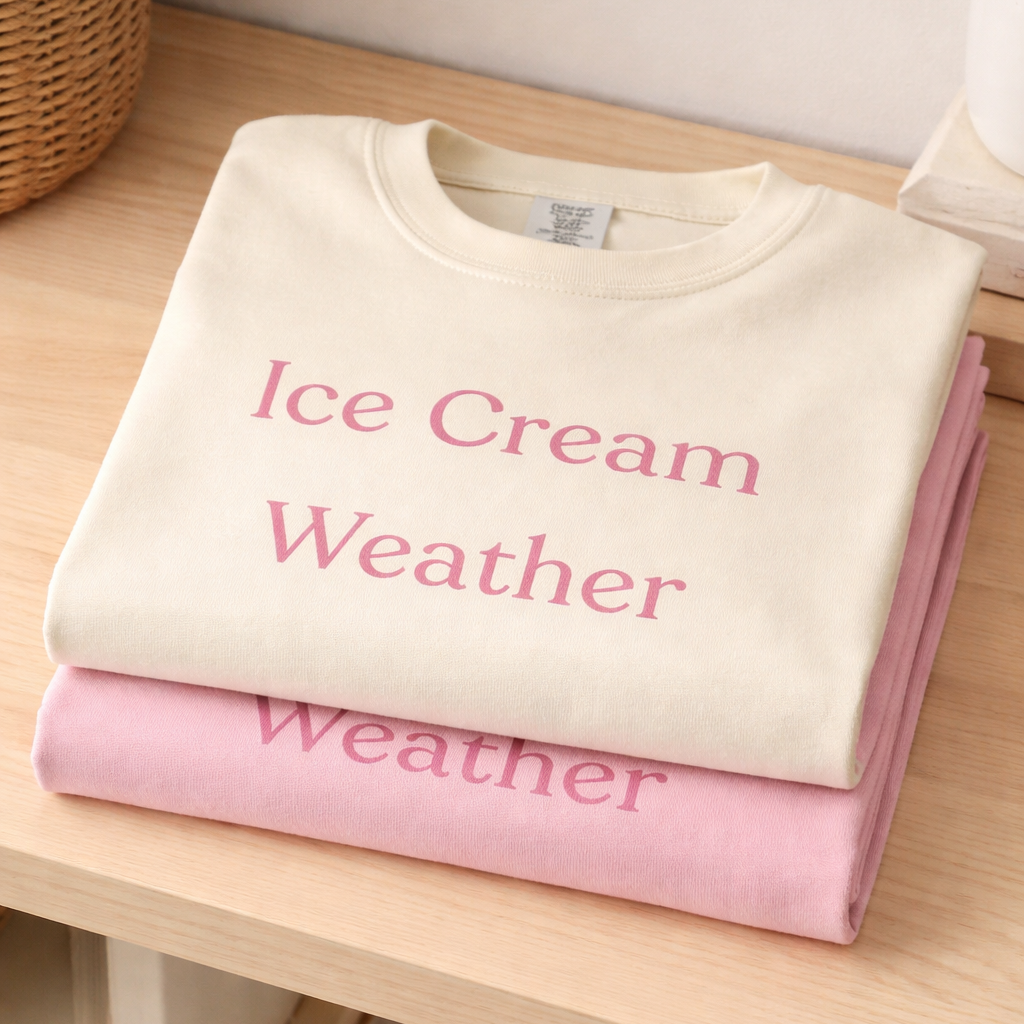 Folded Ice Cream Weather T-shirts in ivory and blossom stacked on wooden shelf, soft cotton summer lifestyle tee