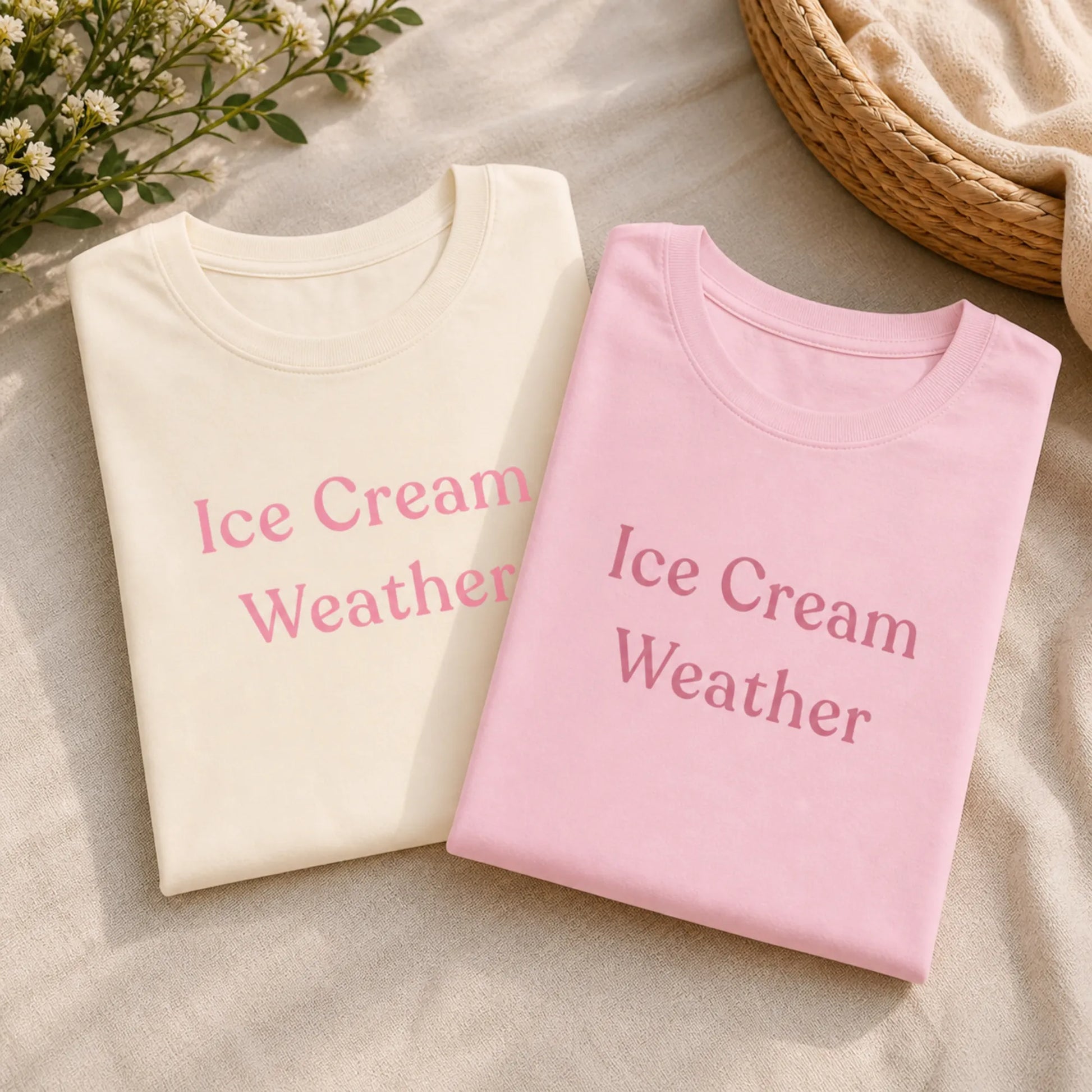 Folded Ice Cream Weather T-Shirts in natural and soft pink, showing both colour options with pink printed text.