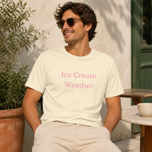 Male model wearing the Ice Cream Weather T-Shirt in natural, styled casually outdoors in warm sunshine.