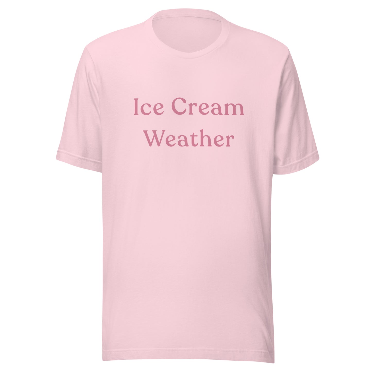 Ice Cream Weather T-Shirt in soft pink with muted rose-pink text, shown as a flat product mockup.
