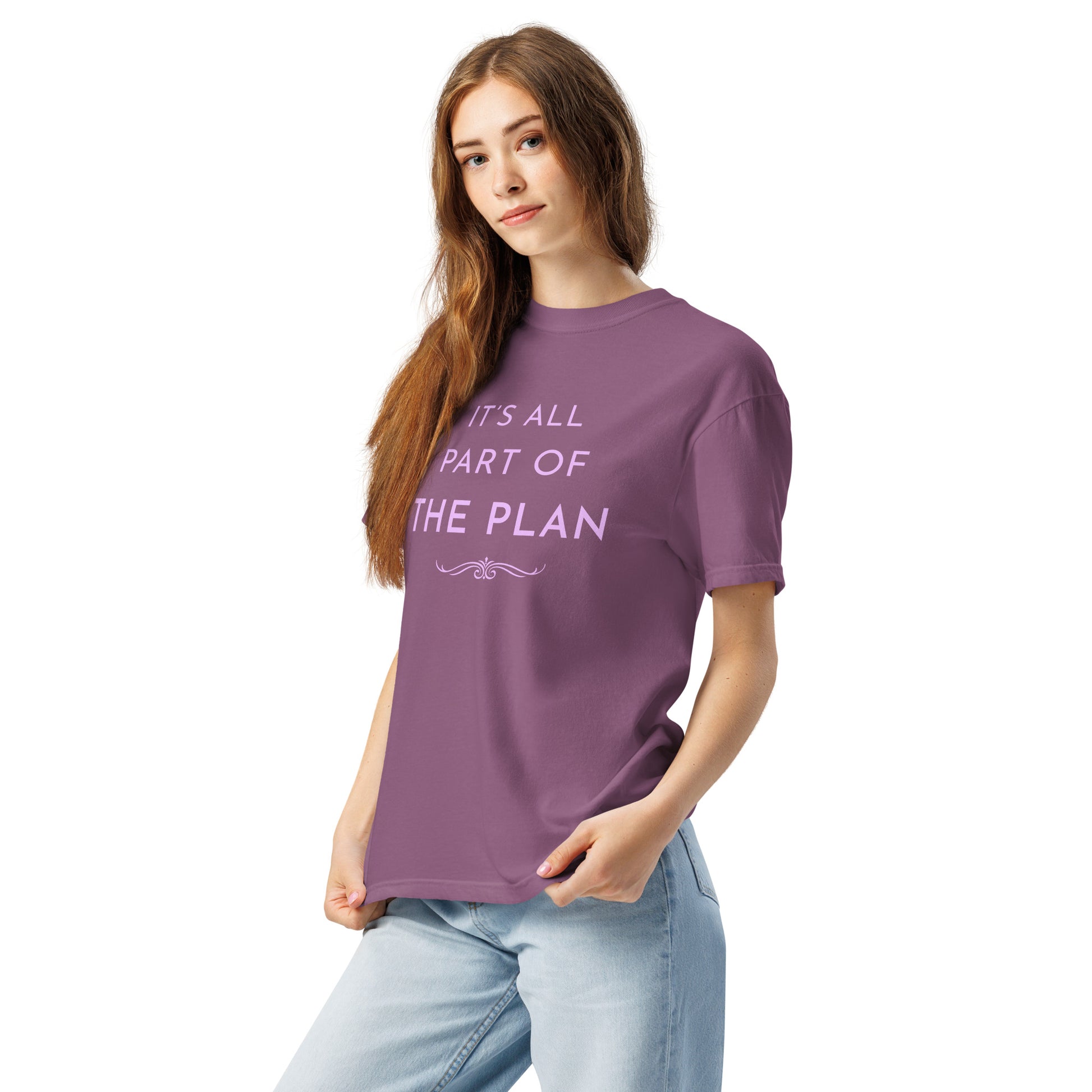 Woman wearing berry Comfort Colors T-shirt with “It’s All Part of the Plan” calming inspirational quote design