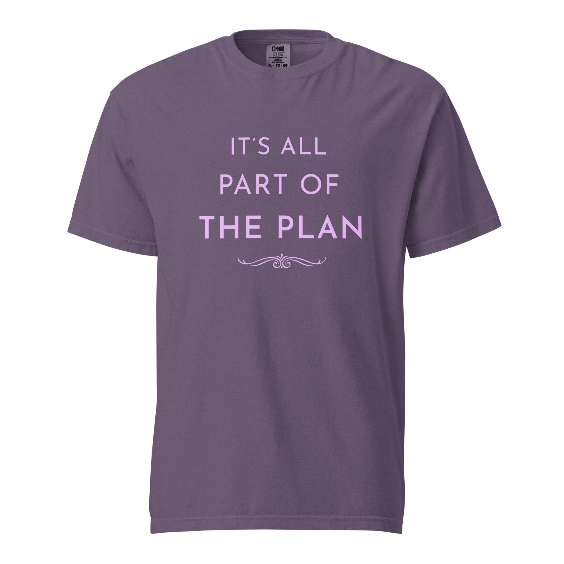Comfort Colors grape T-shirt featuring “It’s All Part of the Plan” inspirational quote in soft pink lettering