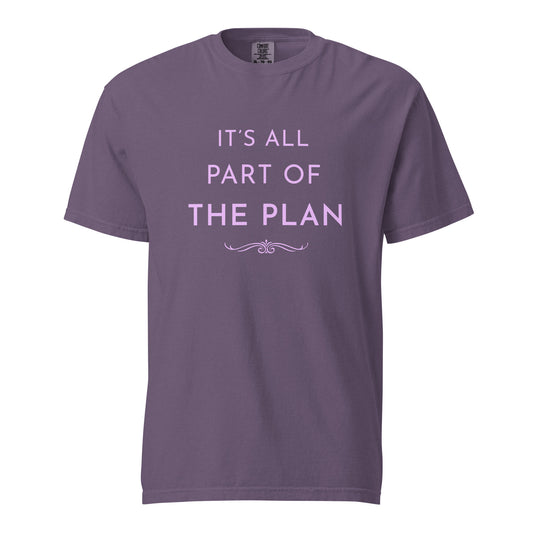 Comfort Colors grape T-shirt featuring “It’s All Part of the Plan” inspirational quote in soft pink lettering