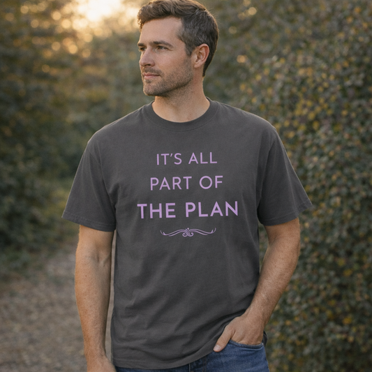 Man wearing charcoal “It’s All Part of the Plan” T-shirt outdoors in soft evening light, relaxed pose looking ahead, warm natural background