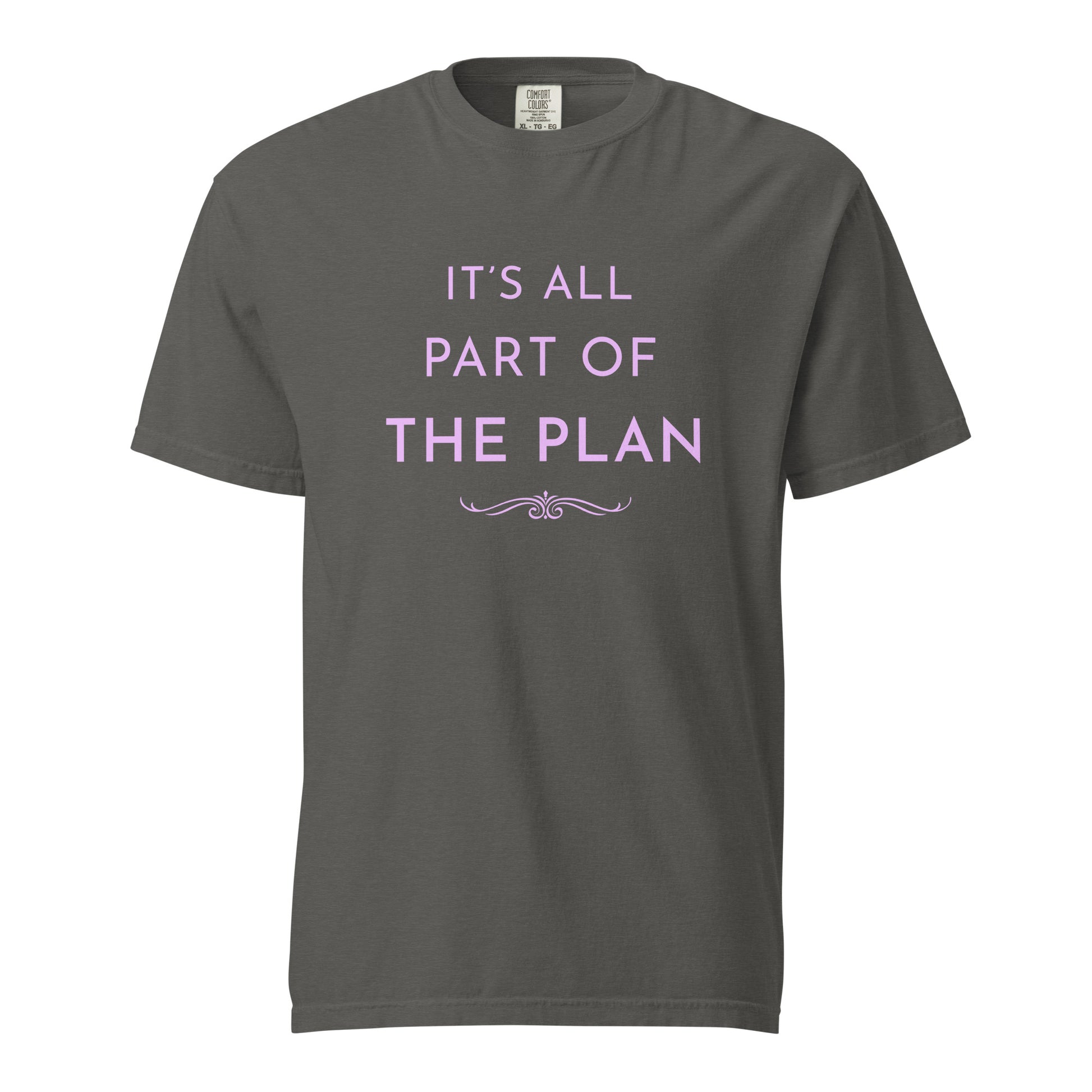 Comfort Colors pepper T-shirt with “It’s All Part of the Plan” motivational quote in soft pink print