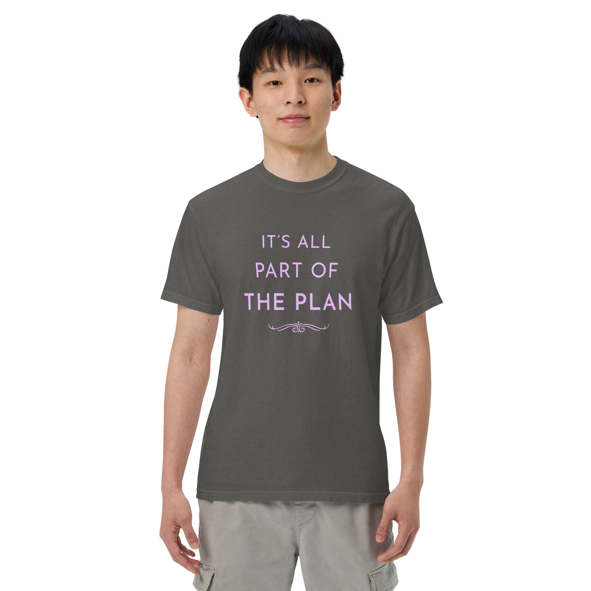 Man wearing pepper Comfort Colors T-shirt with “It’s All Part of the Plan” inspirational quote print