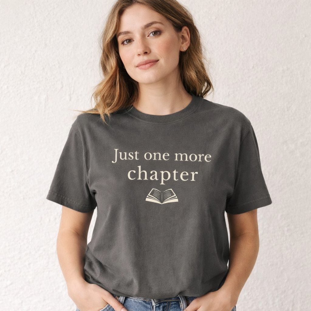 Female model wearing Pepper Comfort Colors Just one more chapter book lover T-shirt in relaxed fit