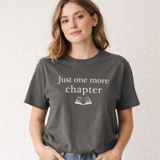 Female model wearing Pepper Comfort Colors Just one more chapter book lover T-shirt in relaxed fit