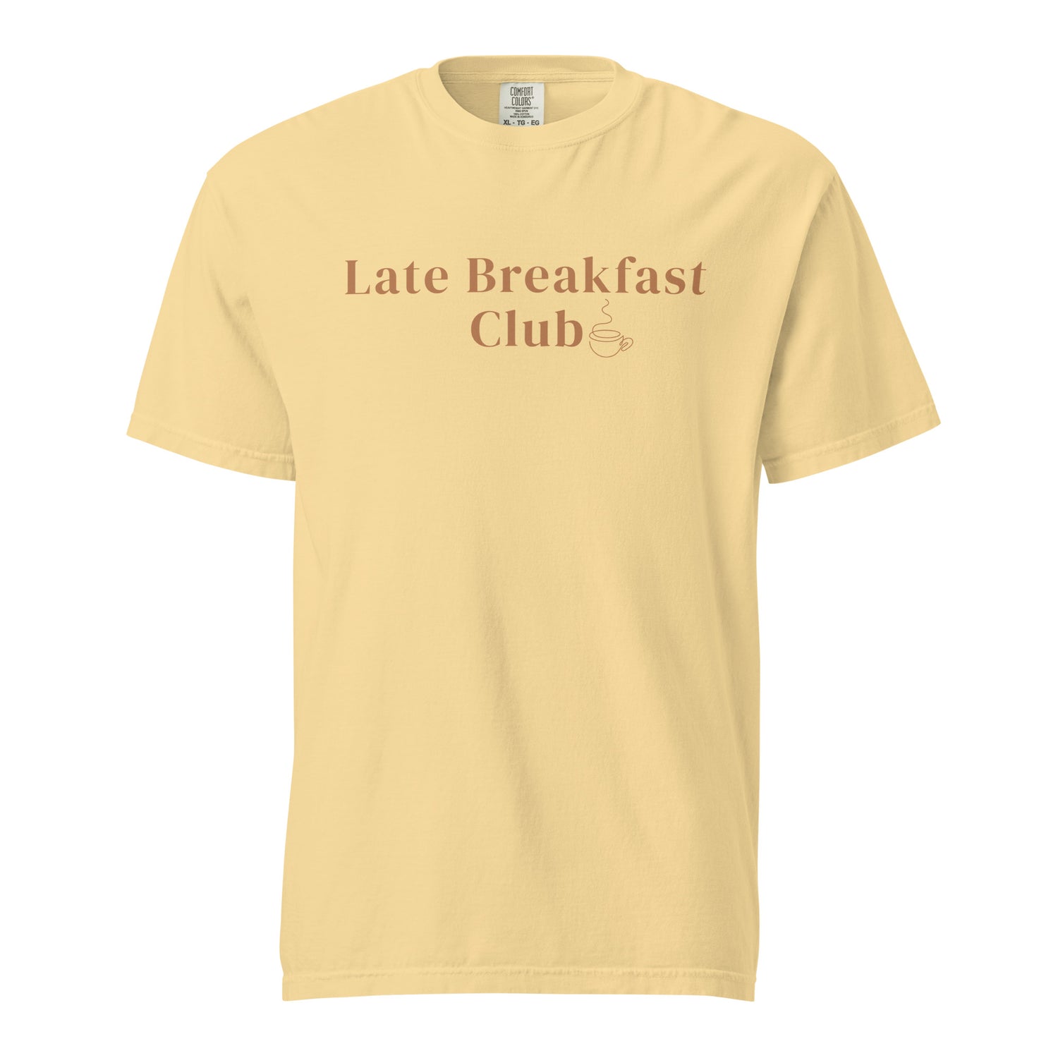 Late Breakfast Club Comfort Colors T-shirt in butter yellow with coffee cup graphic, front view on white background