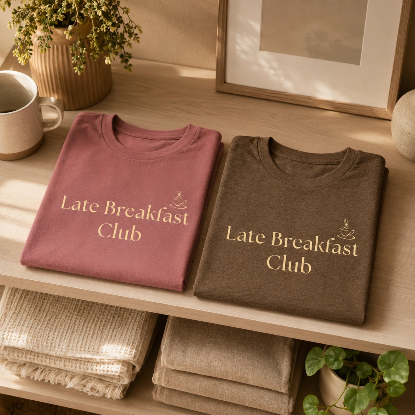 Folded mauve and heather brown Late Breakfast Club T-shirts styled on a warm neutral shelf with cosy home decor.