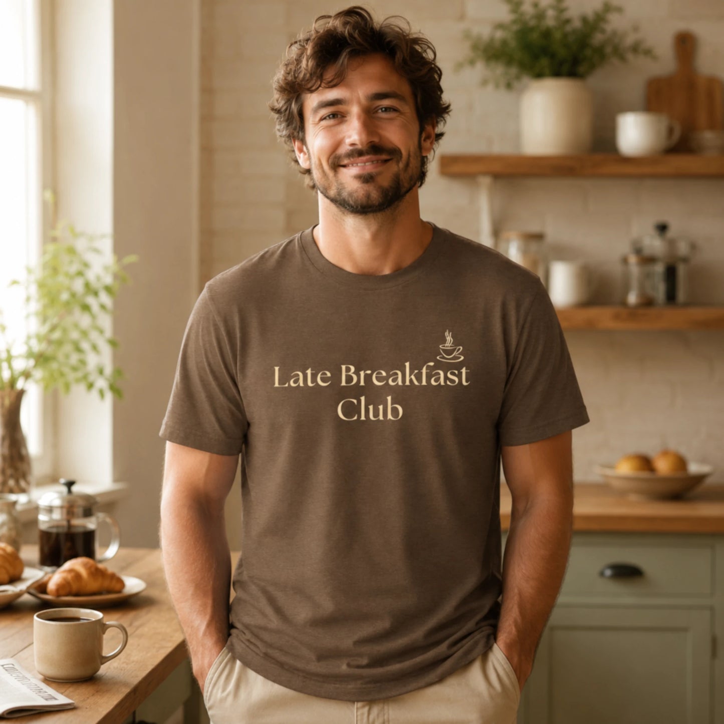 Male model wearing a heather brown Late Breakfast Club T-shirt with soft cream text in a cosy morning kitchen setting.