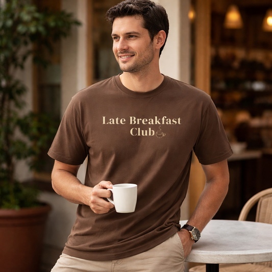 Male model wearing Late Breakfast Club Comfort Colors T-shirt in espresso brown holding a coffee at a café