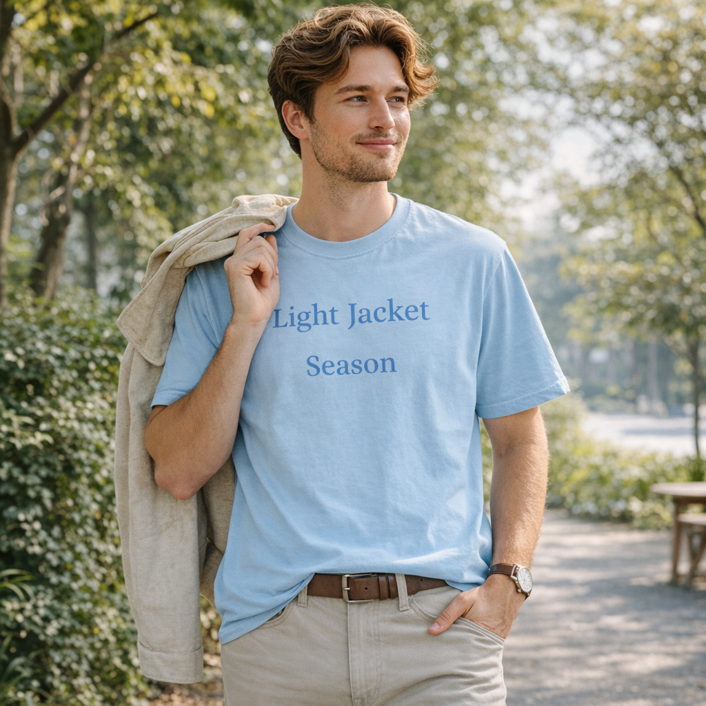 Male model wearing chambray Light Jacket Season T-shirt carrying a light jacket on a sunny spring walk