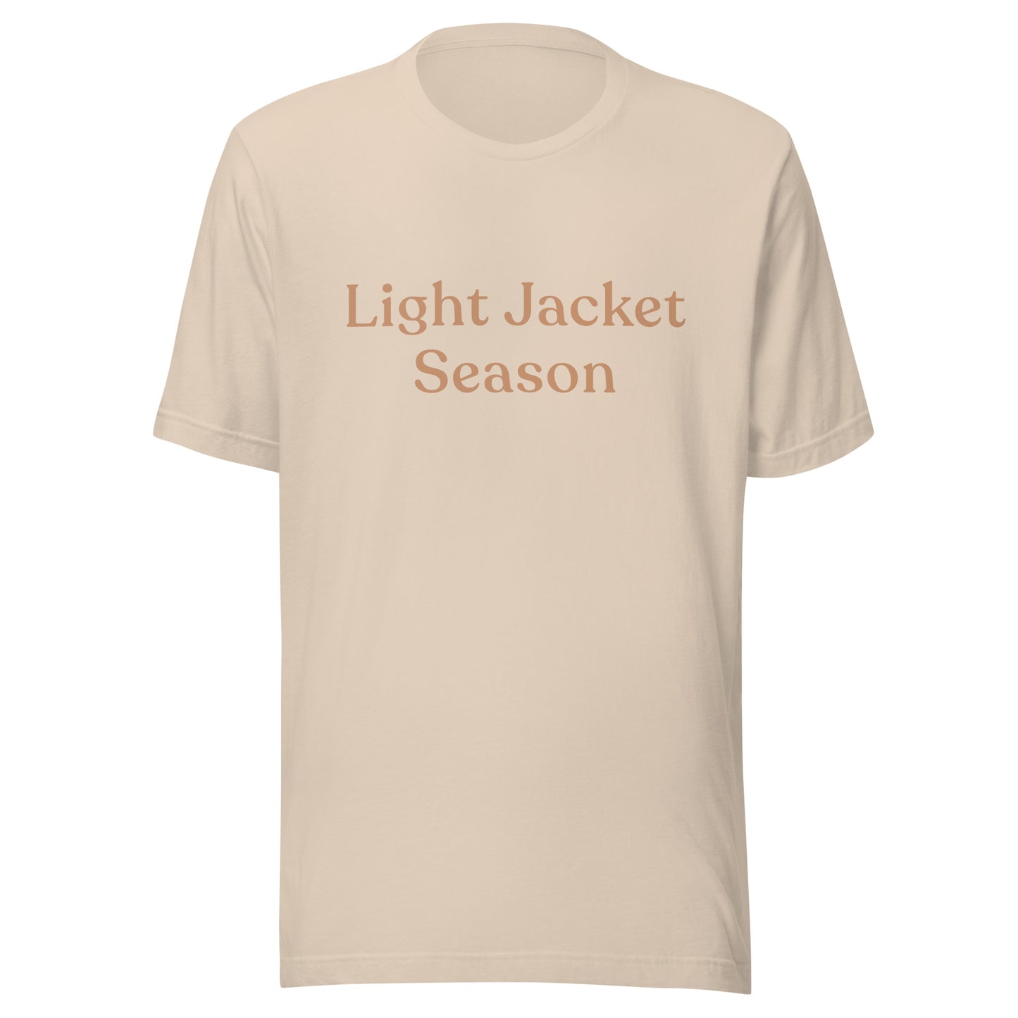Light Jacket Season T-shirt in soft cream with warm muted text, shown as a flat front product mockup.