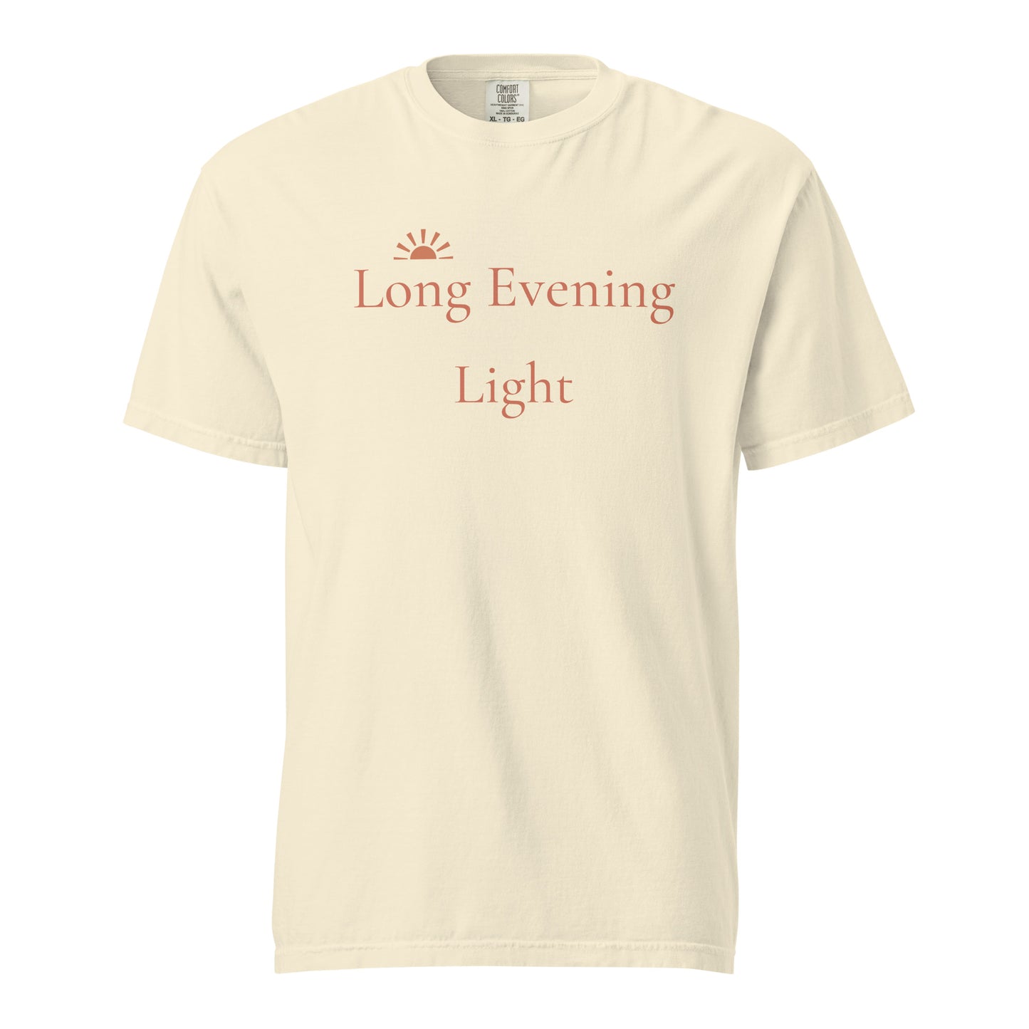 Comfort Colors ivory T-shirt with Long Evening Light sunset design in terracotta lettering