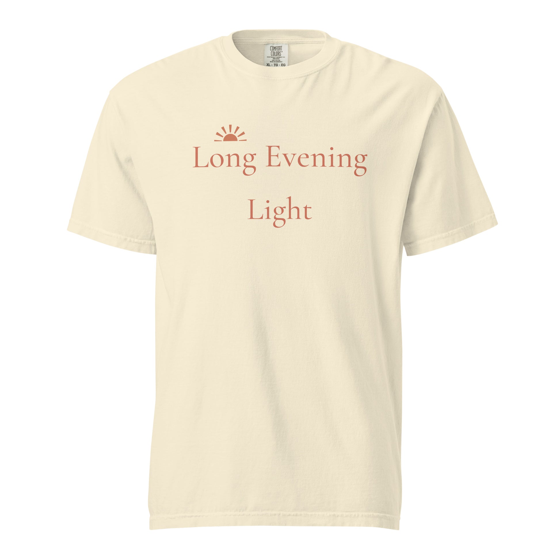 Comfort Colors ivory T-shirt with Long Evening Light sunset design in terracotta lettering