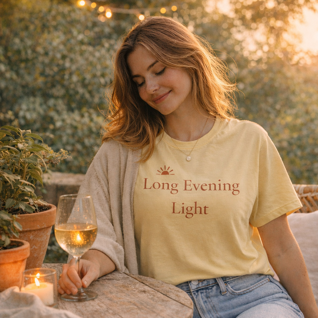 Woman relaxing outdoors at golden hour wearing Long Evening Light butter T-shirt