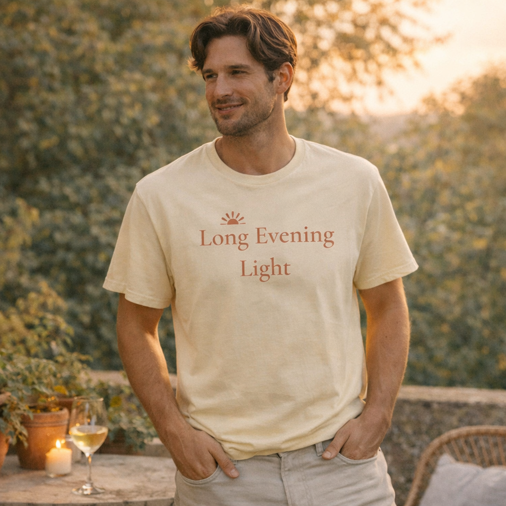 Man standing outdoors at sunset wearing ivory Long Evening Light Comfort Colors T-shirt