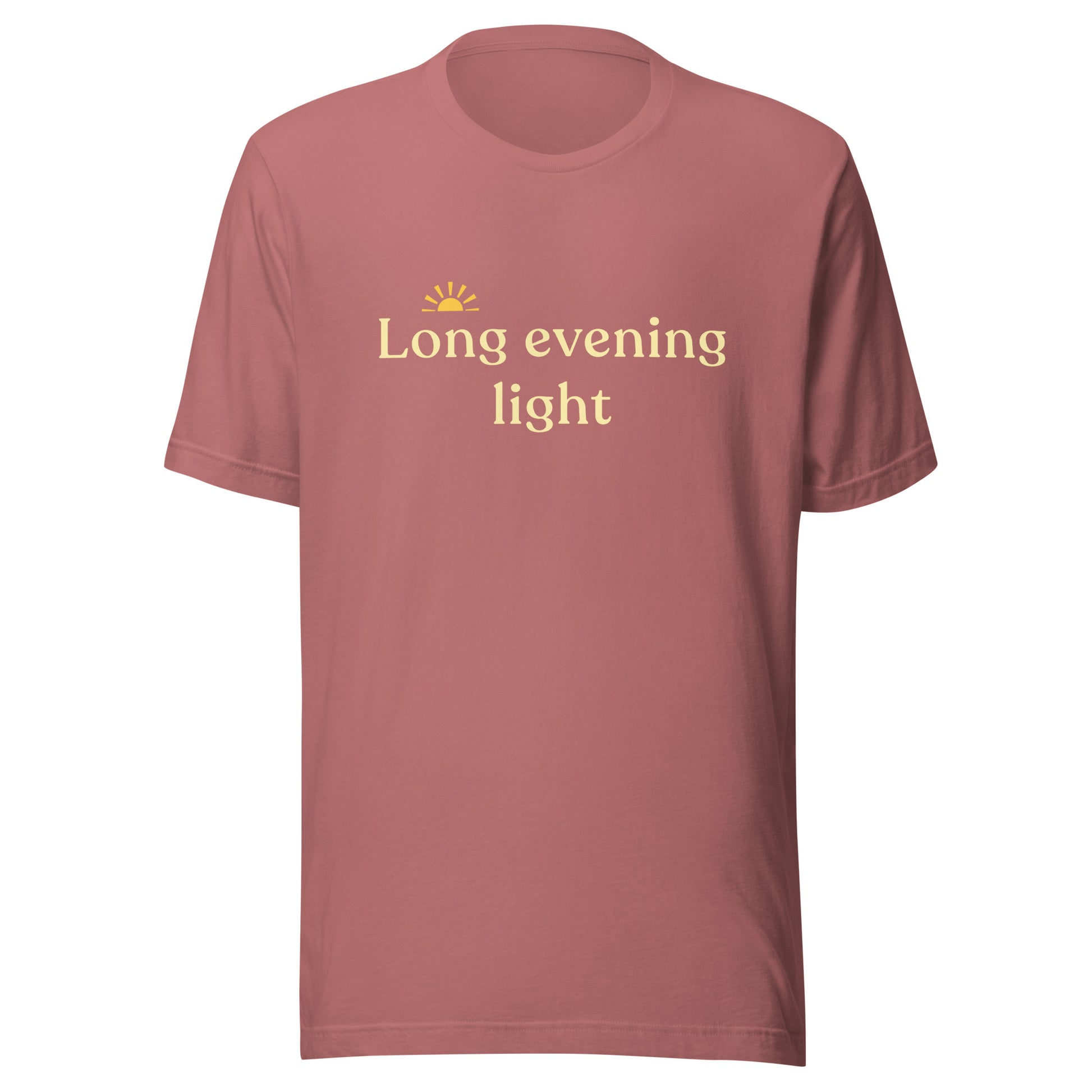 Long Evening Light T-Shirt in mauve with cream text and a small golden sun graphic on the front.