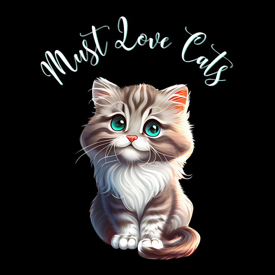 Must Love Cats kitten illustration close-up on black background