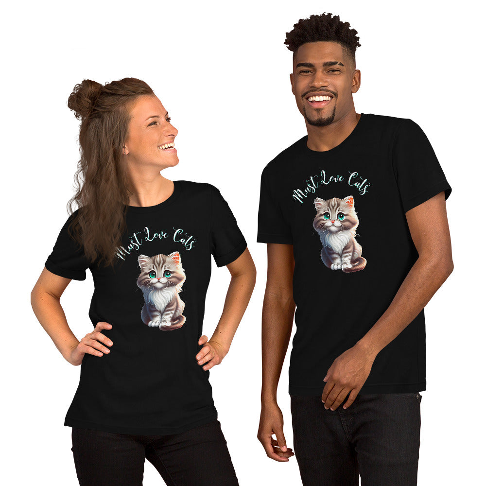 Must Love Cats T-shirt worn by couple lifestyle mockup
