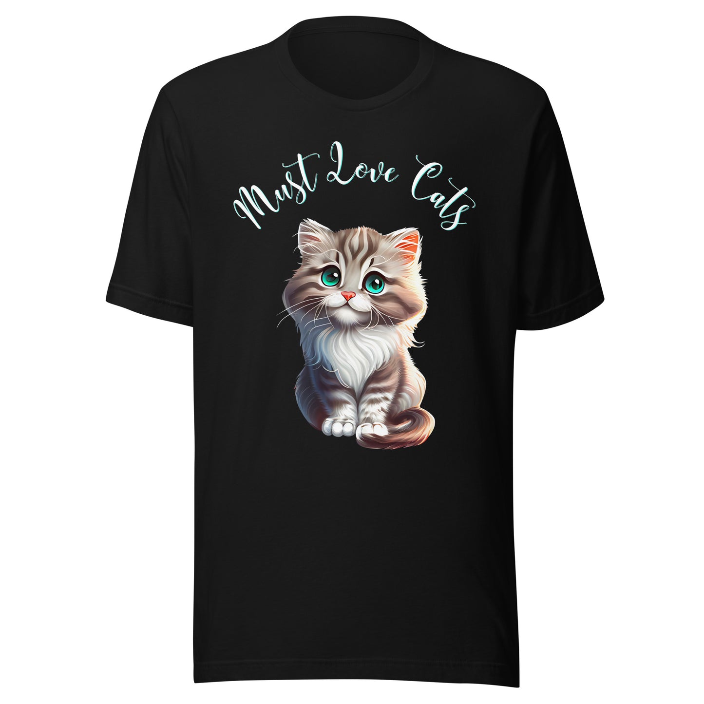 Must Love Cats T-shirt black – illustrated kitten graphic front view