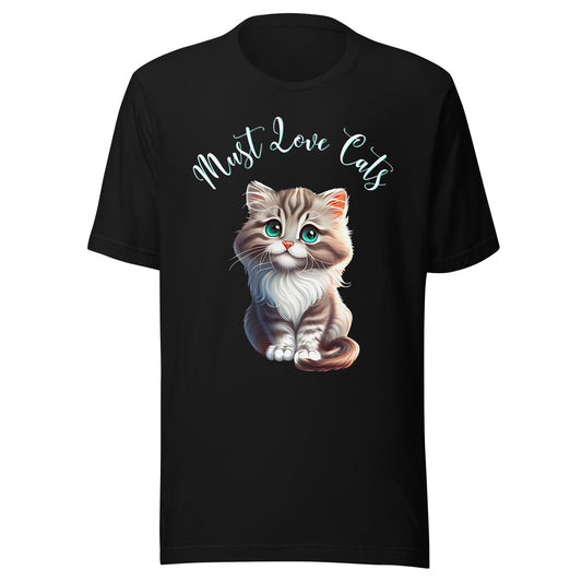 Must Love Cats T-shirt black – illustrated kitten graphic front view