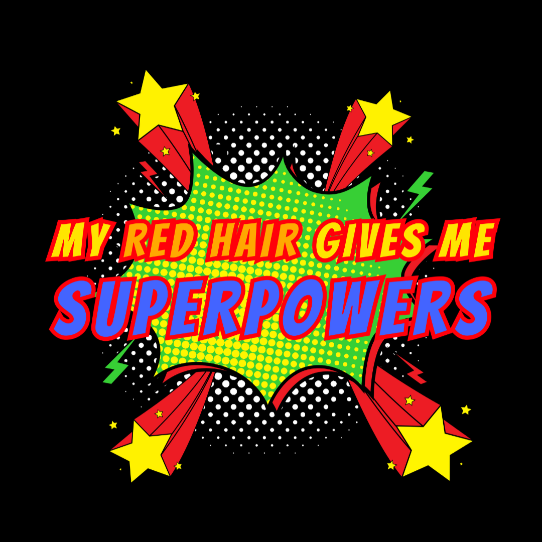 Close-up of colourful red hair superpowers text design on black