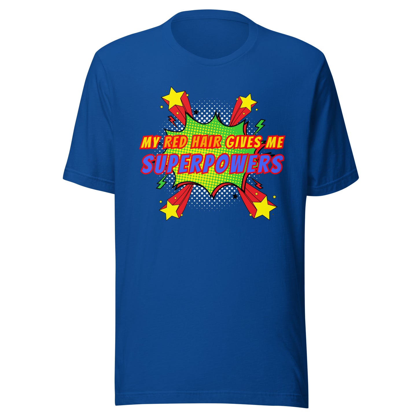 Red hair superpowers T-shirt in royal blue colour option