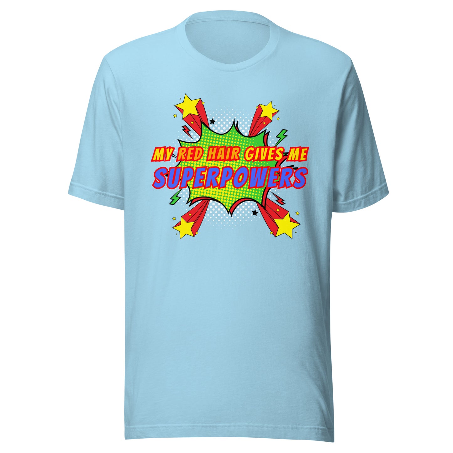 Red hair superpowers T-shirt in ocean blue colour option