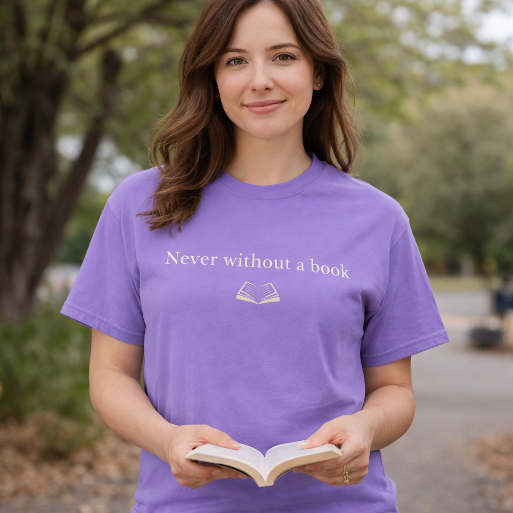 Woman wearing soft purple Comfort Colors T-shirt with “Never without a book” design, cosy bookish lifestyle look