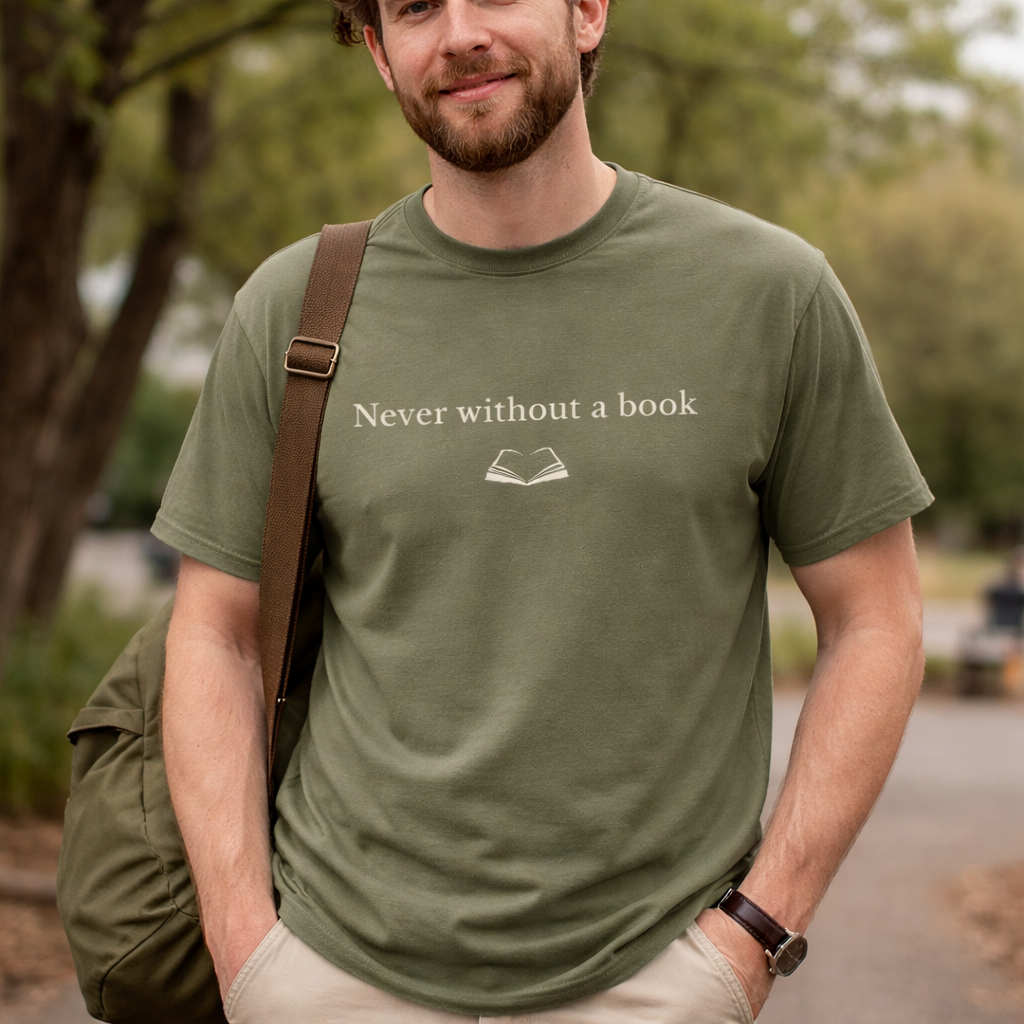Man wearing olive green Comfort Colors T-shirt with “Never without a book” text, relaxed fit casual book lover outfit