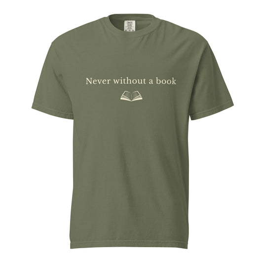 Comfort Colors olive green T-shirt with “Never without a book” text and open book graphic, minimalist book lover design